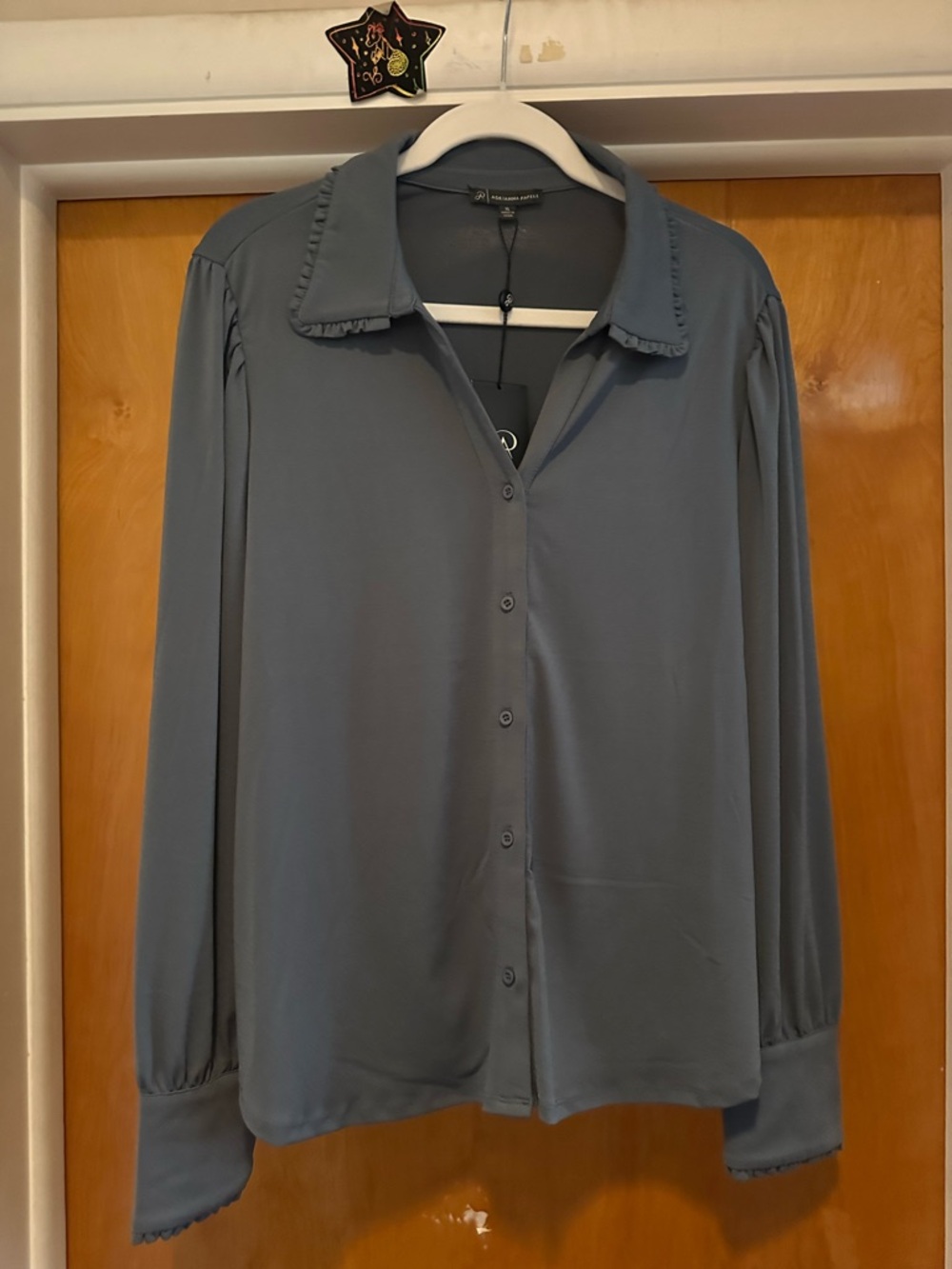 Adrianna Papell Slate Blue Ruffle-Trim Button-Down Shirt
